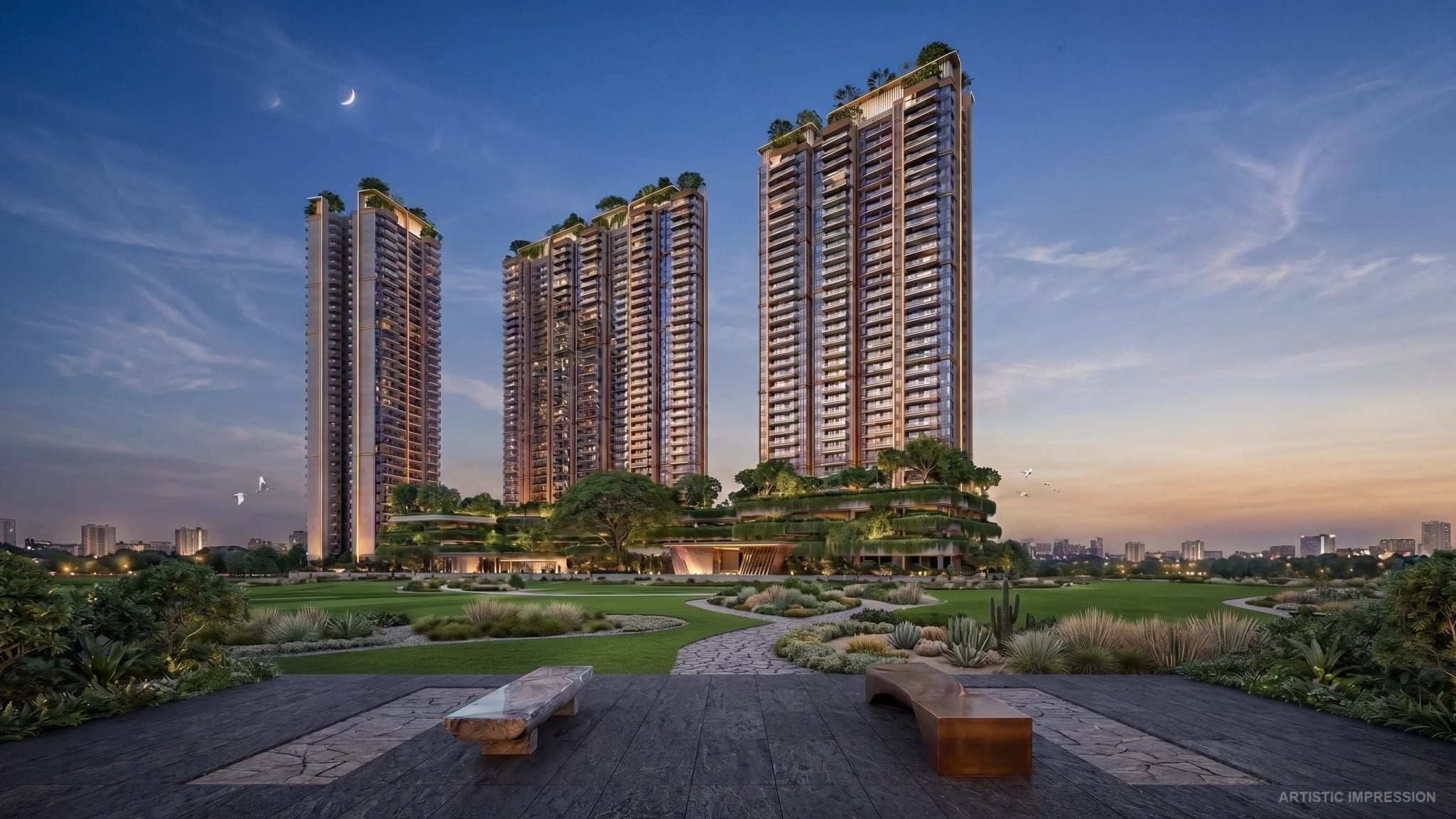 Modern residential towers surrounded by landscaped open spaces
